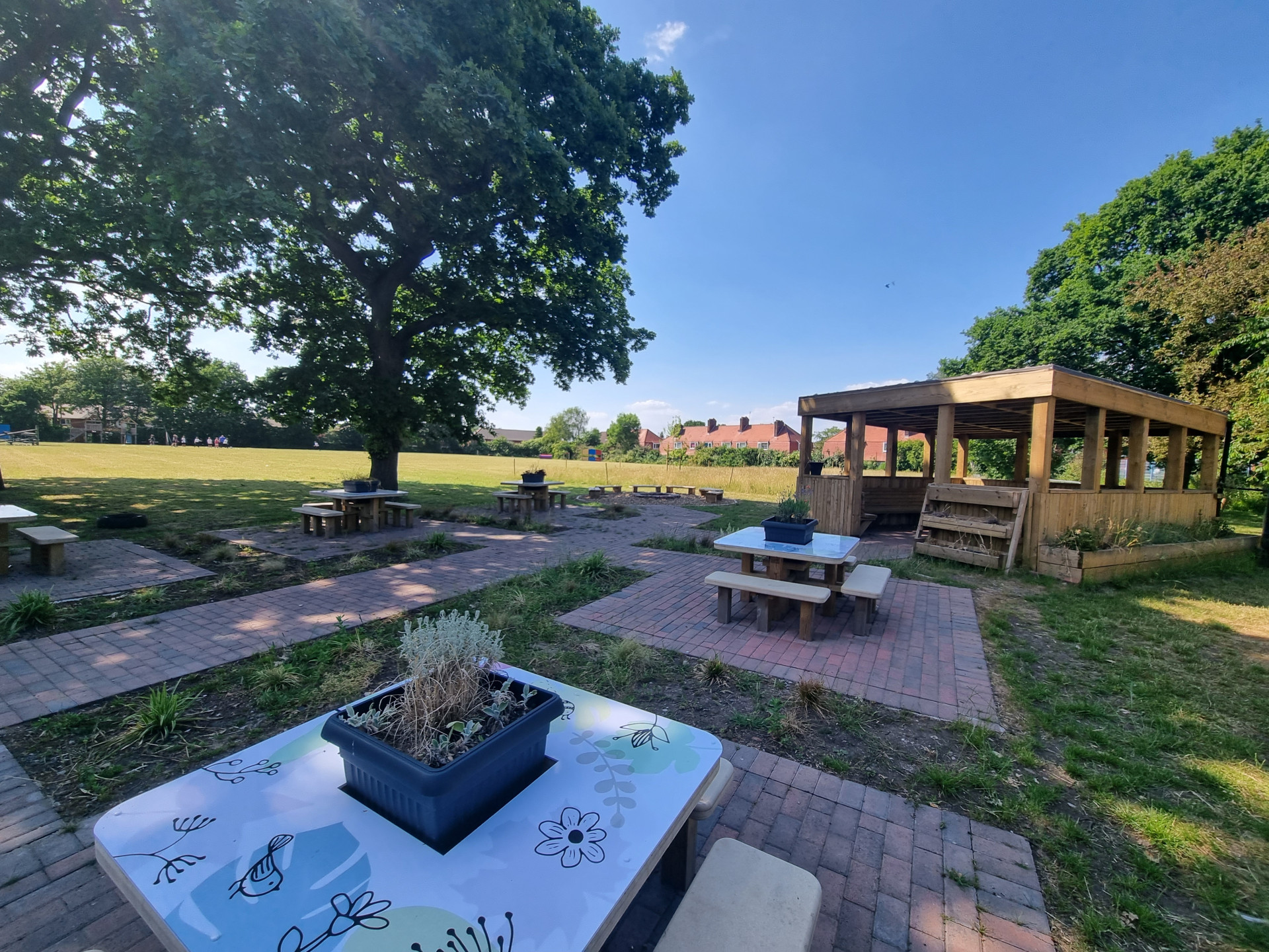 Completed outdoor classroom and sensory garden in summer