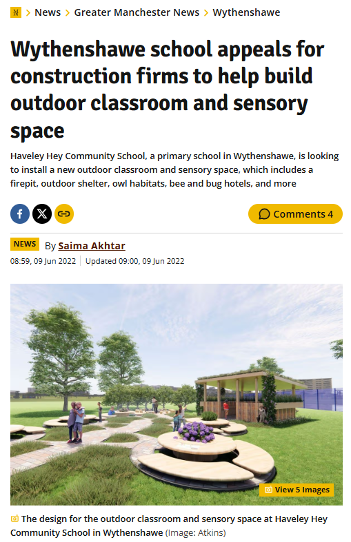 Manchester Evening News article: Wythenshawe school appeals for construction firms to help build outdoor classroom and sensory space