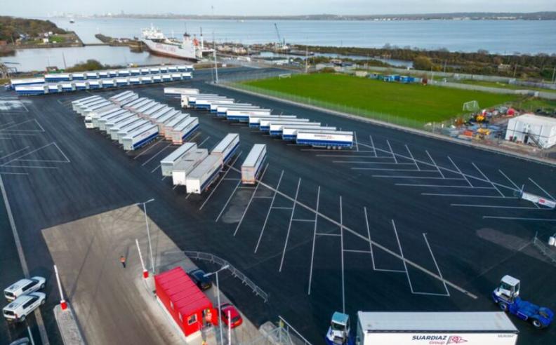 QE2 Dock RoRo Facility Truck Park aerial